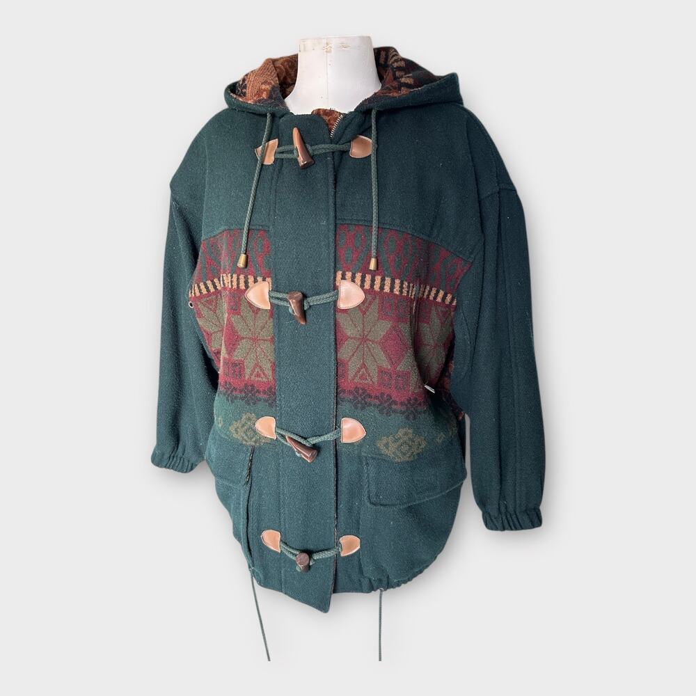 Vintage Fitz-Wright Hooded Wool DuffleTapestry Coat Green Boho Preppy Womens M